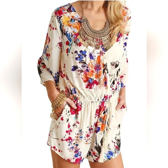 Umgee Bright Floral Bell Sleeve Flowy Romper Cotton Blend Size Medium - Picture 2 of 12